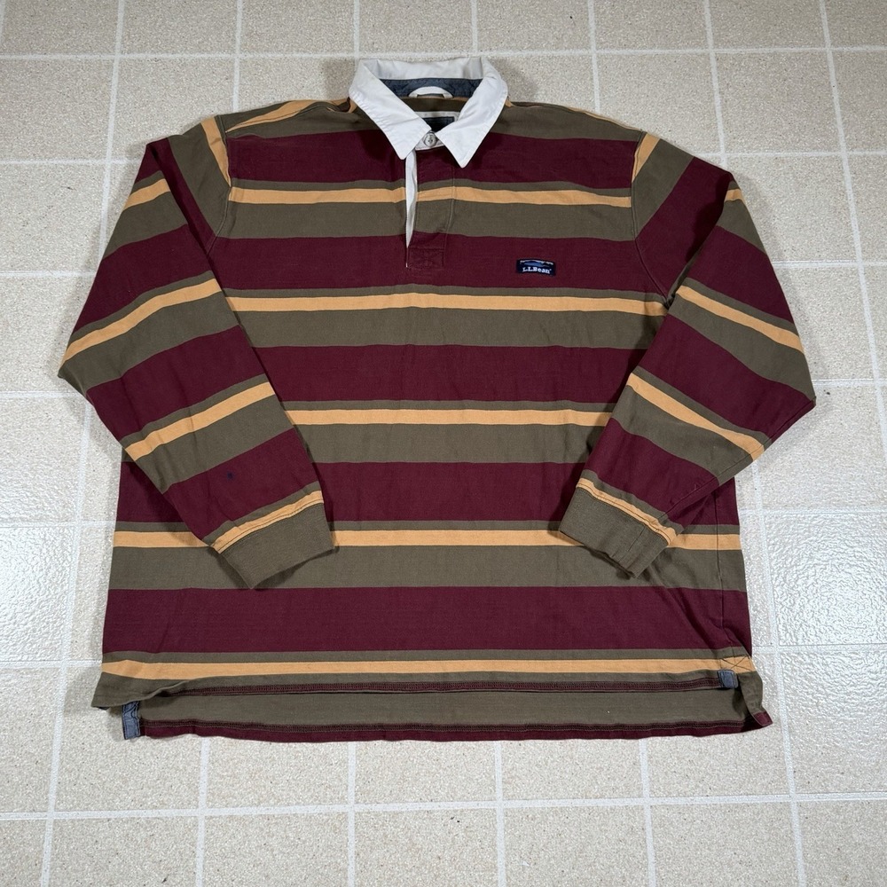 LL Bean Rugby Shirt Mens 2XL Burgundy Heavy Cotton Long Sleeve Polo Y2K XXL